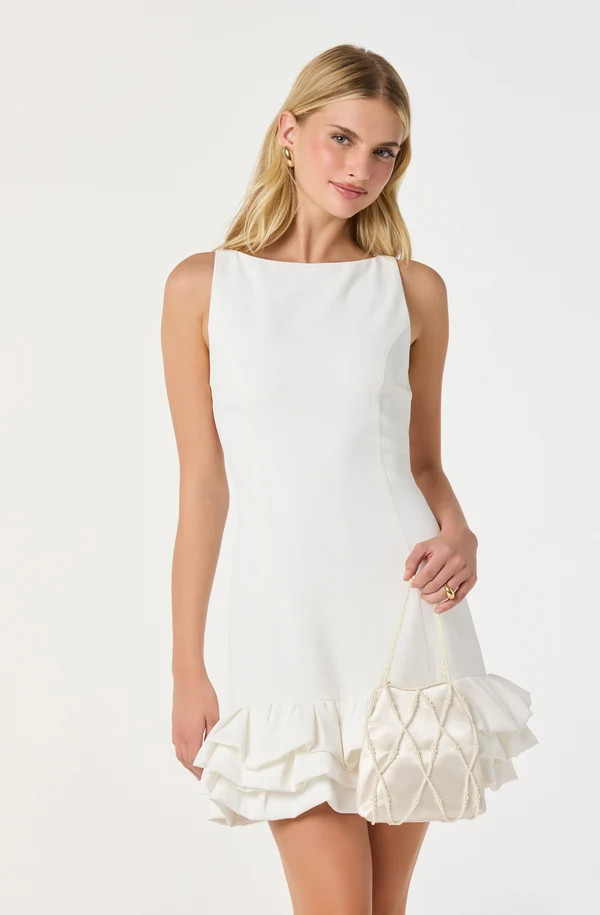 White Crepe Mini Dress with Sleeveless Design and Ruffled Hem White Crepe Mini Dress with Sleeveless Design and Ruffled Hem — Ruffle Hem Dress 2027