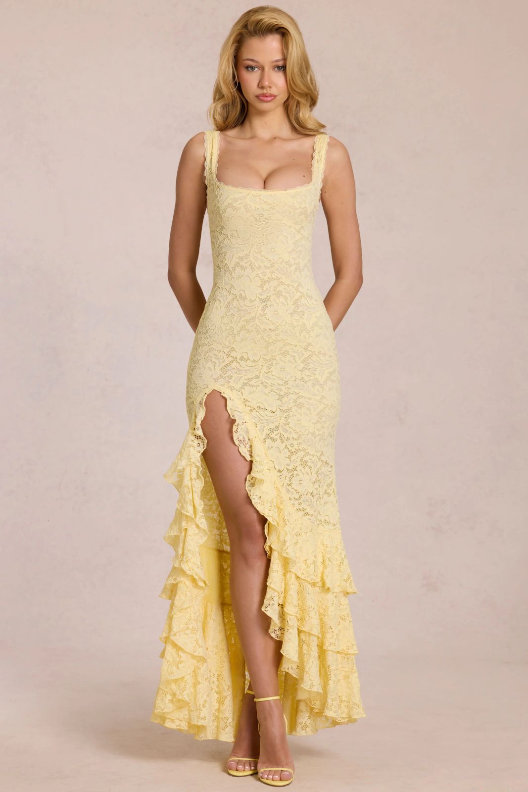 Pale Yellow Lace Column Dress with Ruffled High Slit Pale Yellow Lace Column Dress with Ruffled High Slit — Country Wedding Guest Dress 2027