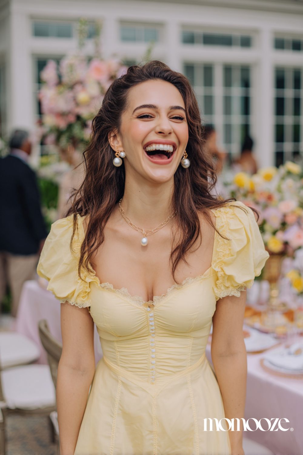 Pale Yellow Ruched Bodice Dress with Puff Sleeves Pale Yellow Ruched Bodice Dress with Puff Sleeves — Baby Shower Dress 2027 for Guest