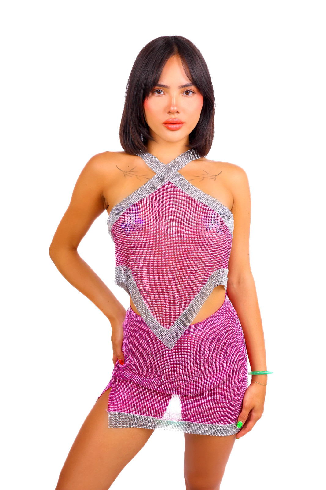 Pink Sparkly Halter Top and Mini Skirt Set with Rhinestone Trim Pink Sparkly Halter Top and Mini Skirt Set with Rhinestone Trim — Sparkly Rave Outfits 2027