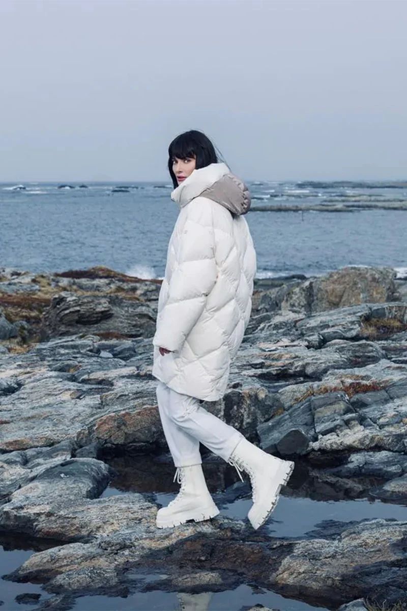 Longline White Quilted Jacket with Boots — Winter Puffer Jacket Outfits 2027