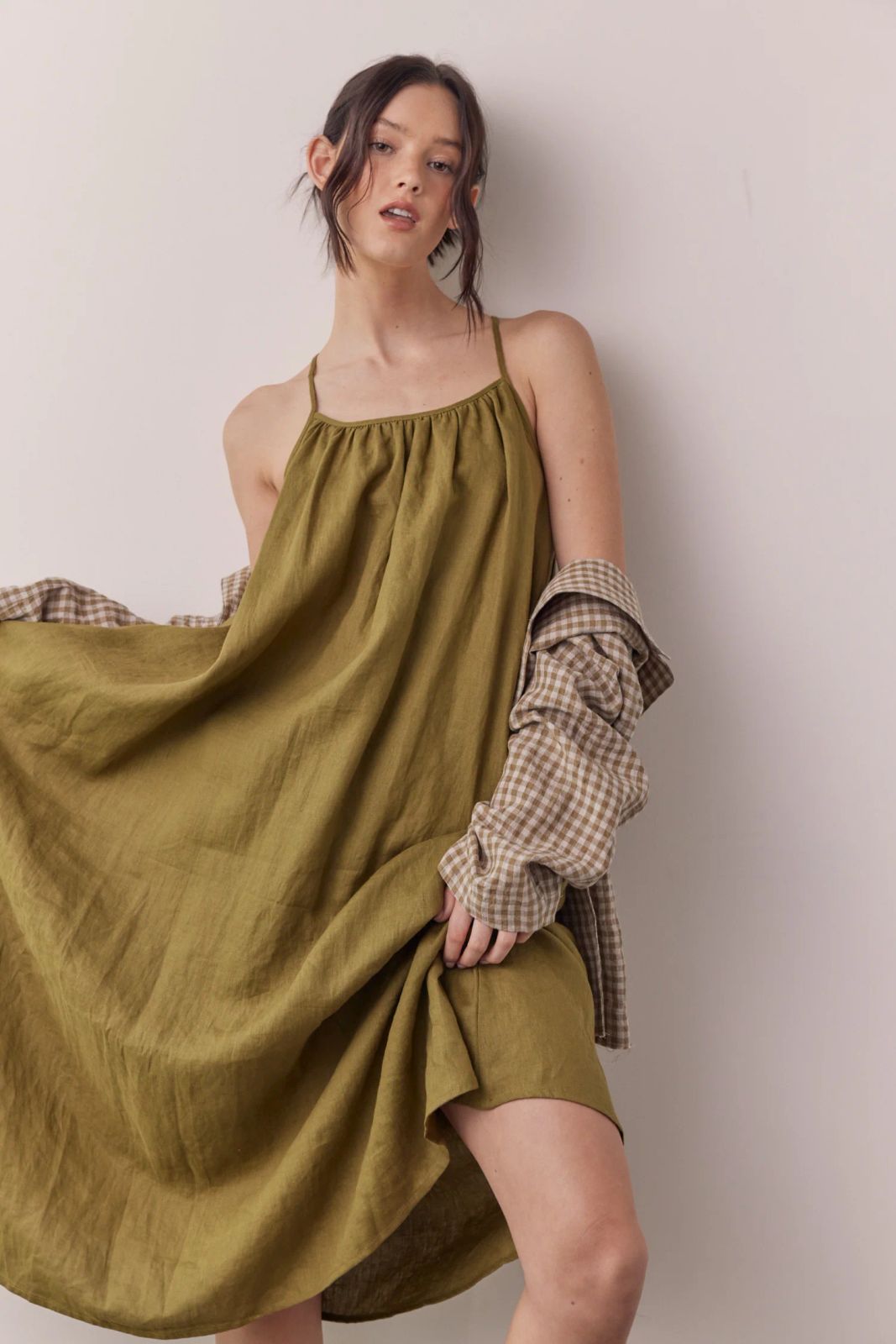Relaxed Weekend Vibes with a Moss Green Linen Dress and Plaid Shirt Relaxed Weekend Vibes with a Moss Green Linen Dress and Plaid Shirt — Moss Green Outfits 2027