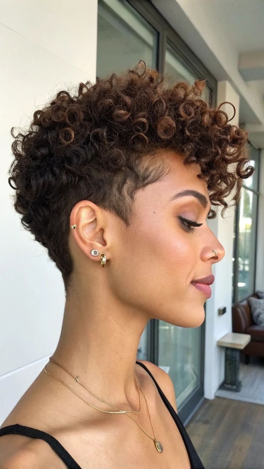 Side View Dark Brown Pixie With Caramel Highlights Side View Dark Brown Pixie With Caramel Highlights — Pixie 2027 for Curly Hair