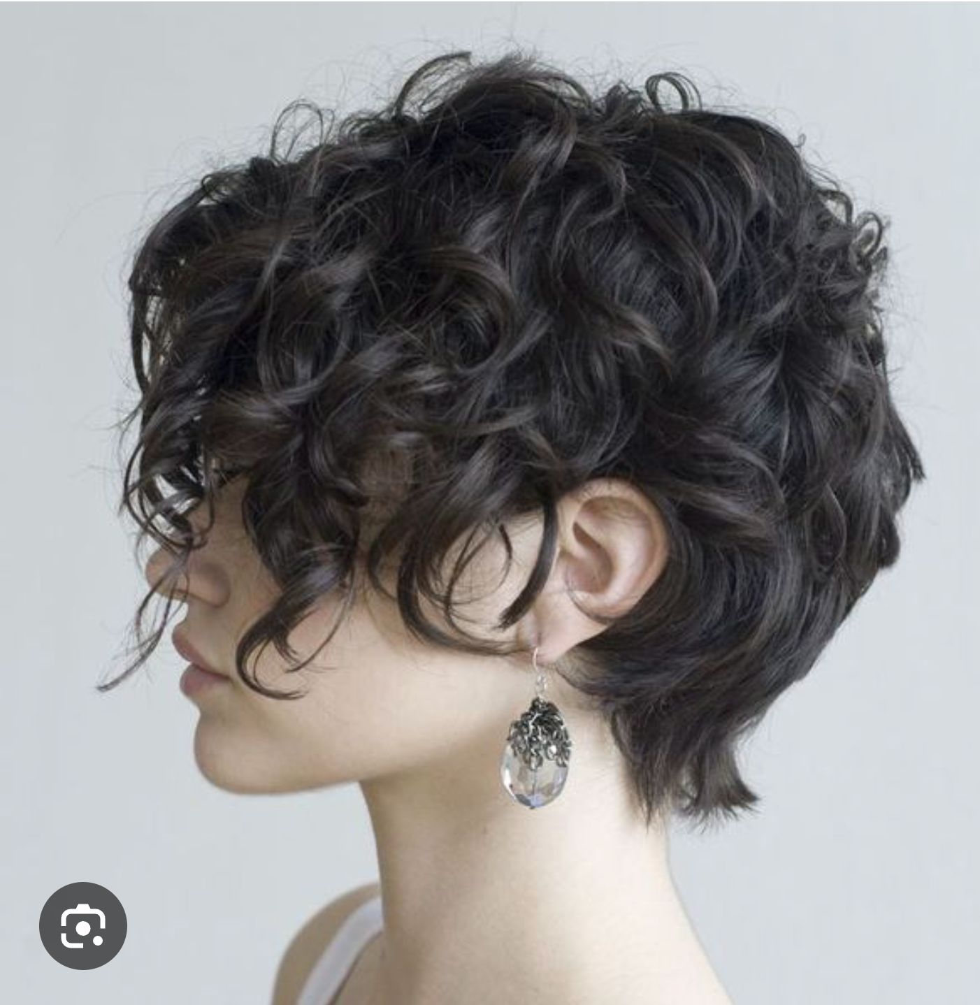 Ear Dark Brown Pixie With Curtain Bangs Ear Dark Brown Pixie With Curtain Bangs — Pixie 2027 for Curly Hair