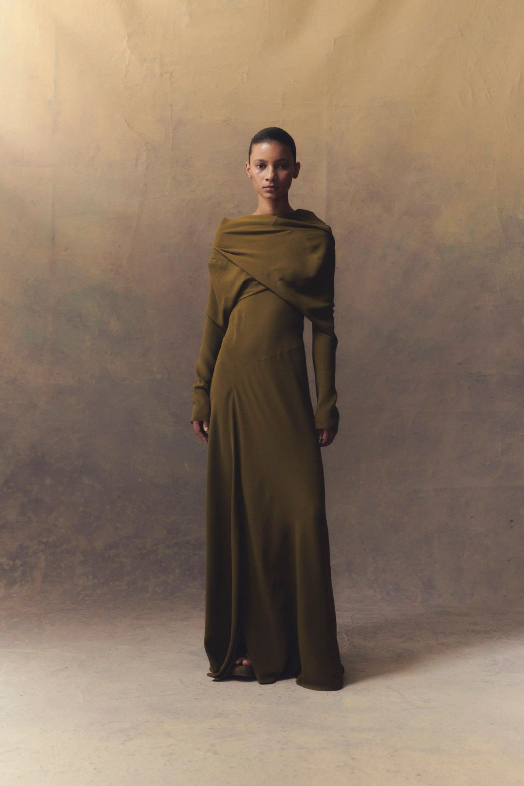 Elegant Draping in a Moss Green Silk Maxi Dress Elegant Draping in a Moss Green Silk Maxi Dress — Moss Green Outfits 2027