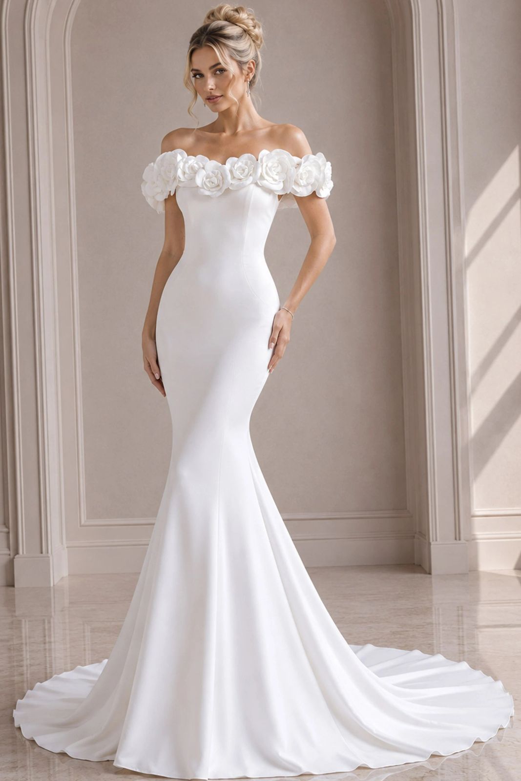 White Off-Shoulder Mermaid Dress with Fabric Flowers White Off-Shoulder Mermaid Dress with Fabric Flowers — Mermaid Gala Dress 2027