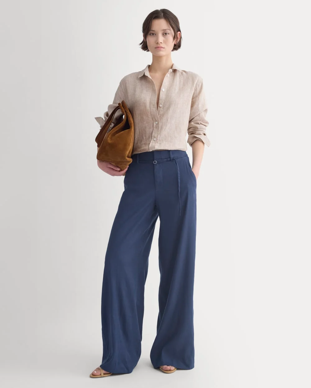 Beige Linen Shirt Paired with Navy Linen Trousers — Navy Blue Linen Pants Outfits 2027
