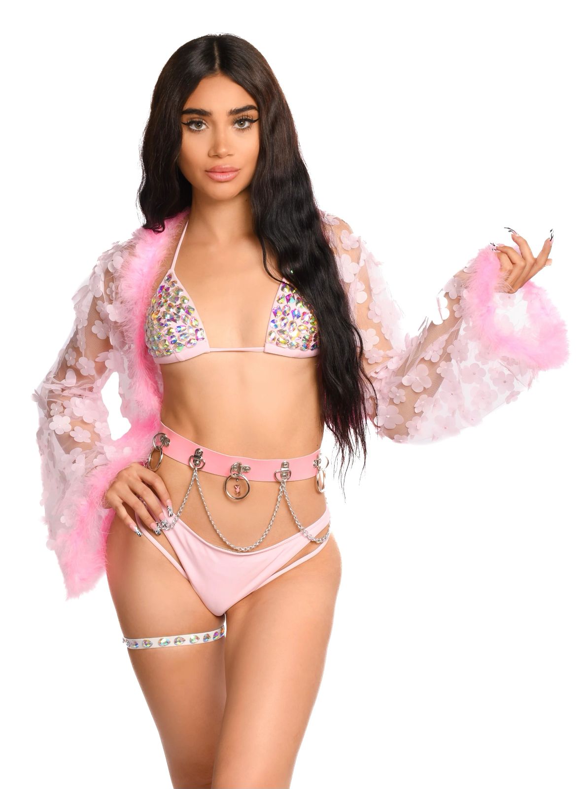 Pink Sequin Bikini Top with Sheer Floral Applique Jacket and Feather Trim Pink Sequin Bikini Top with Sheer Floral Applique Jacket and Feather Trim — Pink Rave Outfits 2027