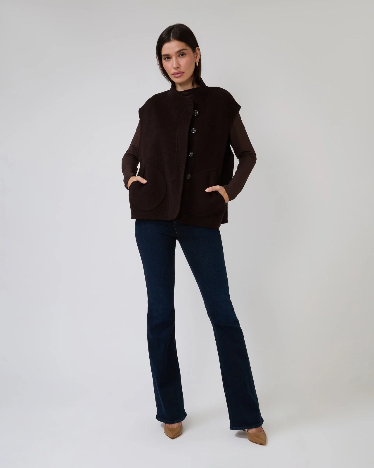 Black Bootcut Jeans with Brown Knit Vest and Bomber Jacket — Black Bootcut Jeans Outfits 2027