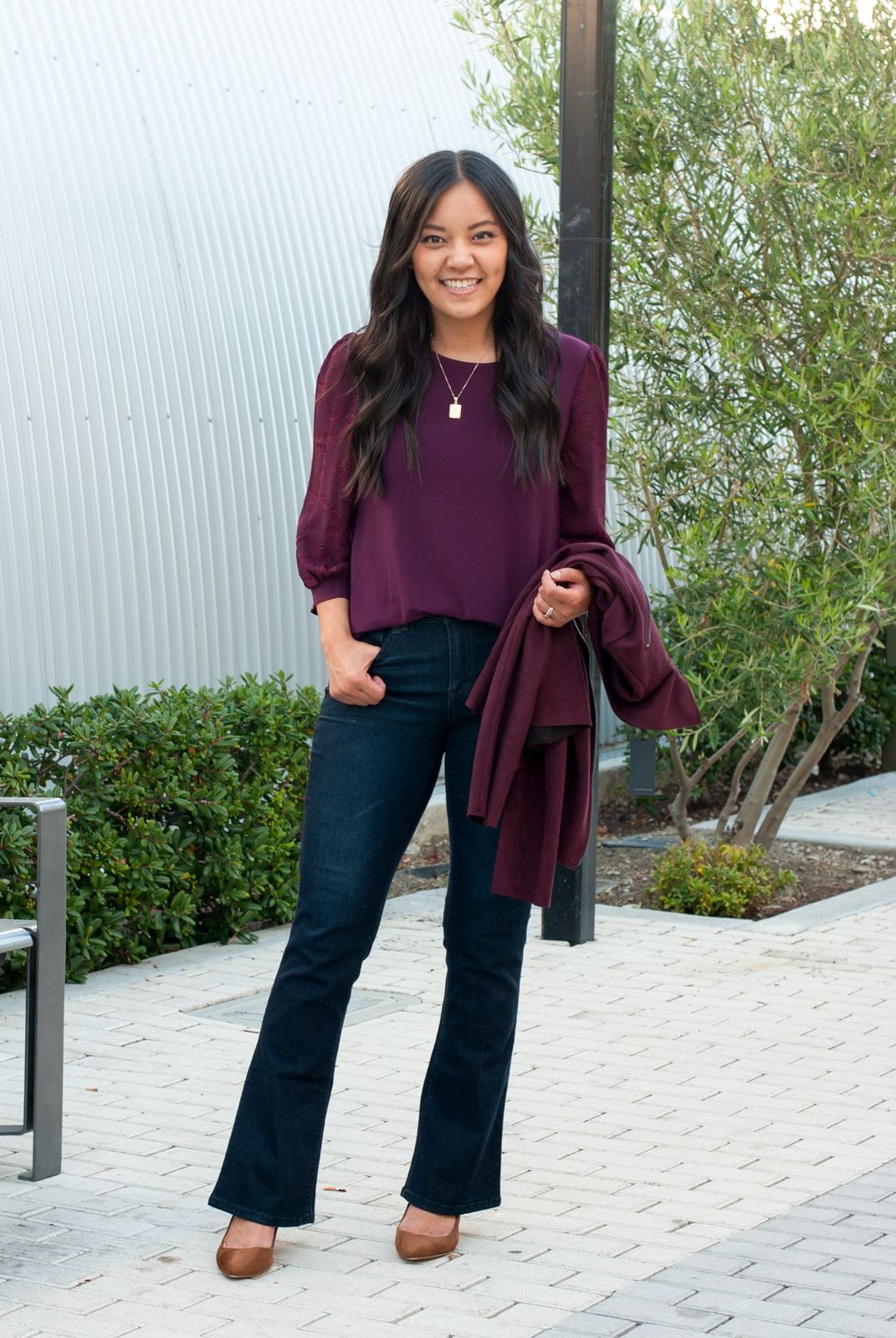 Dark Wash Bootcut Jeans with Burgundy Blouse and Cardigan — Black Bootcut Jeans Outfits 2027
