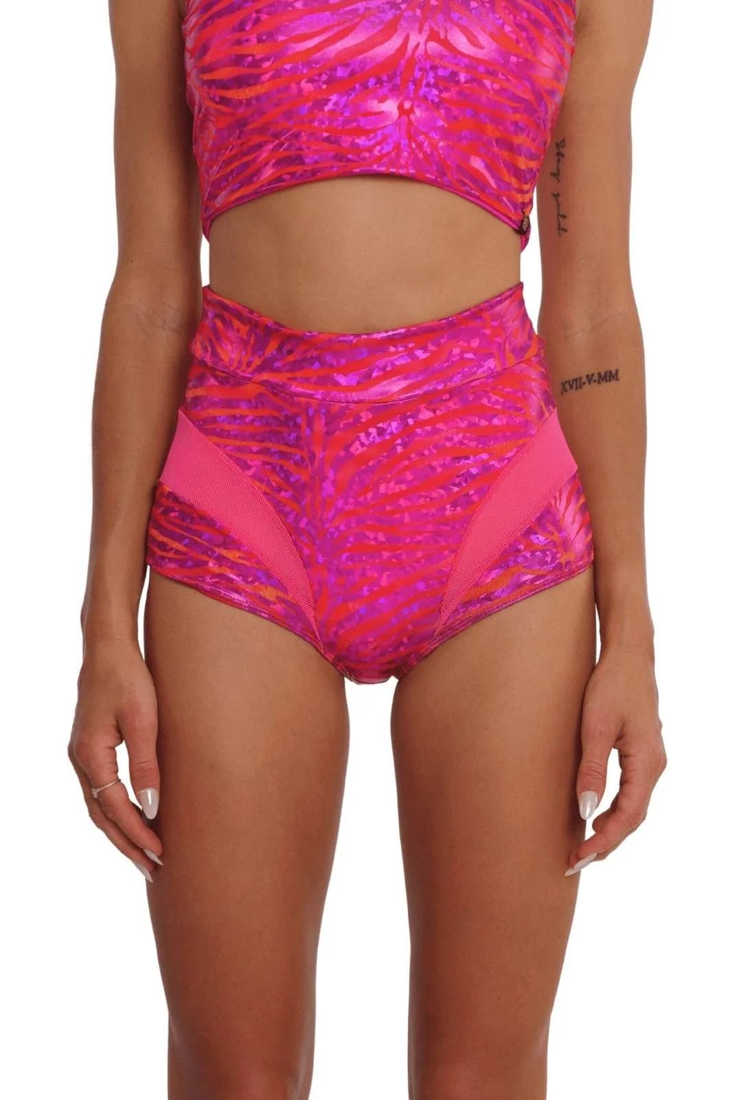 Hot Pink Abstract Print Booty Shorts with Mesh Panels Hot Pink Abstract Print Booty Shorts with Mesh Panels — Pink Rave Outfits 2027