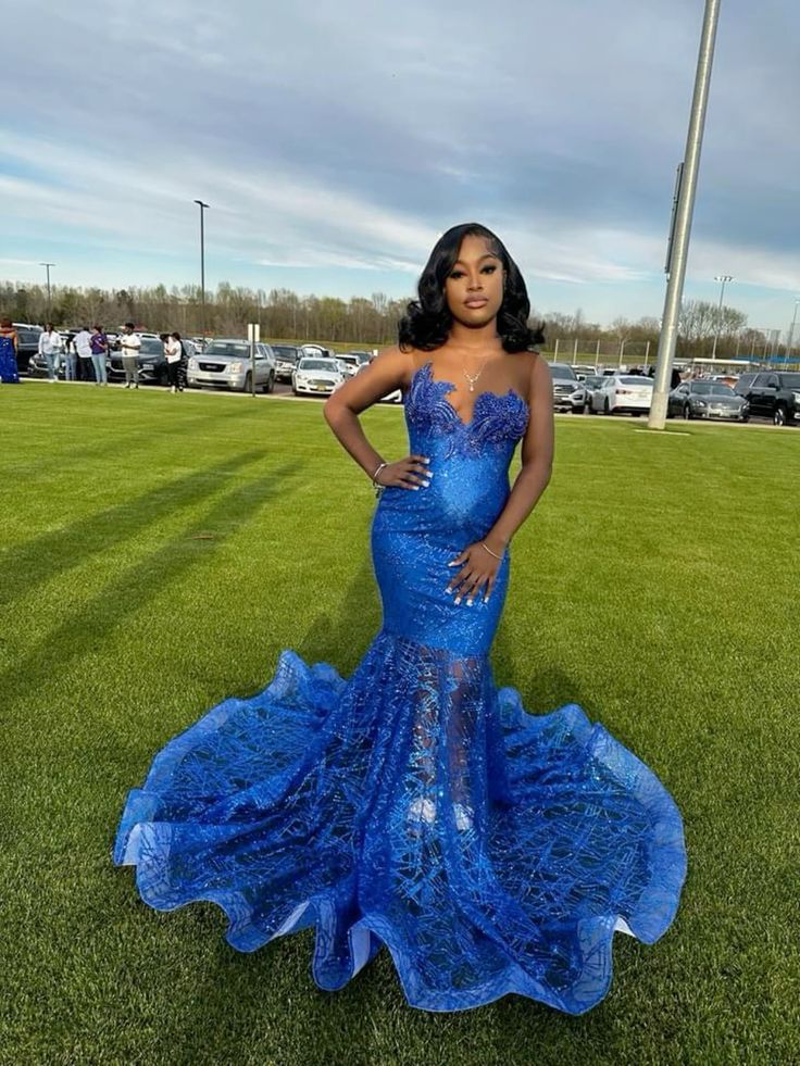 Royal Blue Sequined Lace Mermaid Dress with Ruffled Train Royal Blue Sequined Lace Mermaid Dress with Ruffled Train — Mermaid Gala Dress 2027