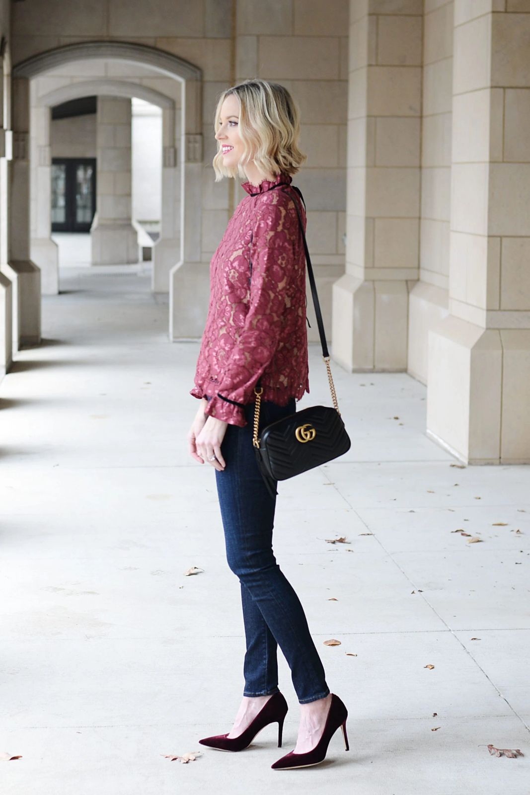Burgundy Velvet Pointed-Toe Pumps Outfit Idea Burgundy Velvet Pointed-Toe Pumps Outfit Idea — Lace Blouse Outfits 2027