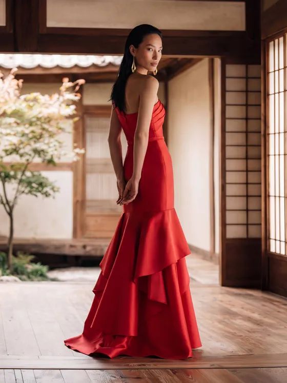 Red One-Shoulder Mermaid Dress with Tiered Ruffled Skirt Red One-Shoulder Mermaid Dress with Tiered Ruffled Skirt — Mermaid Gala Dress 2027