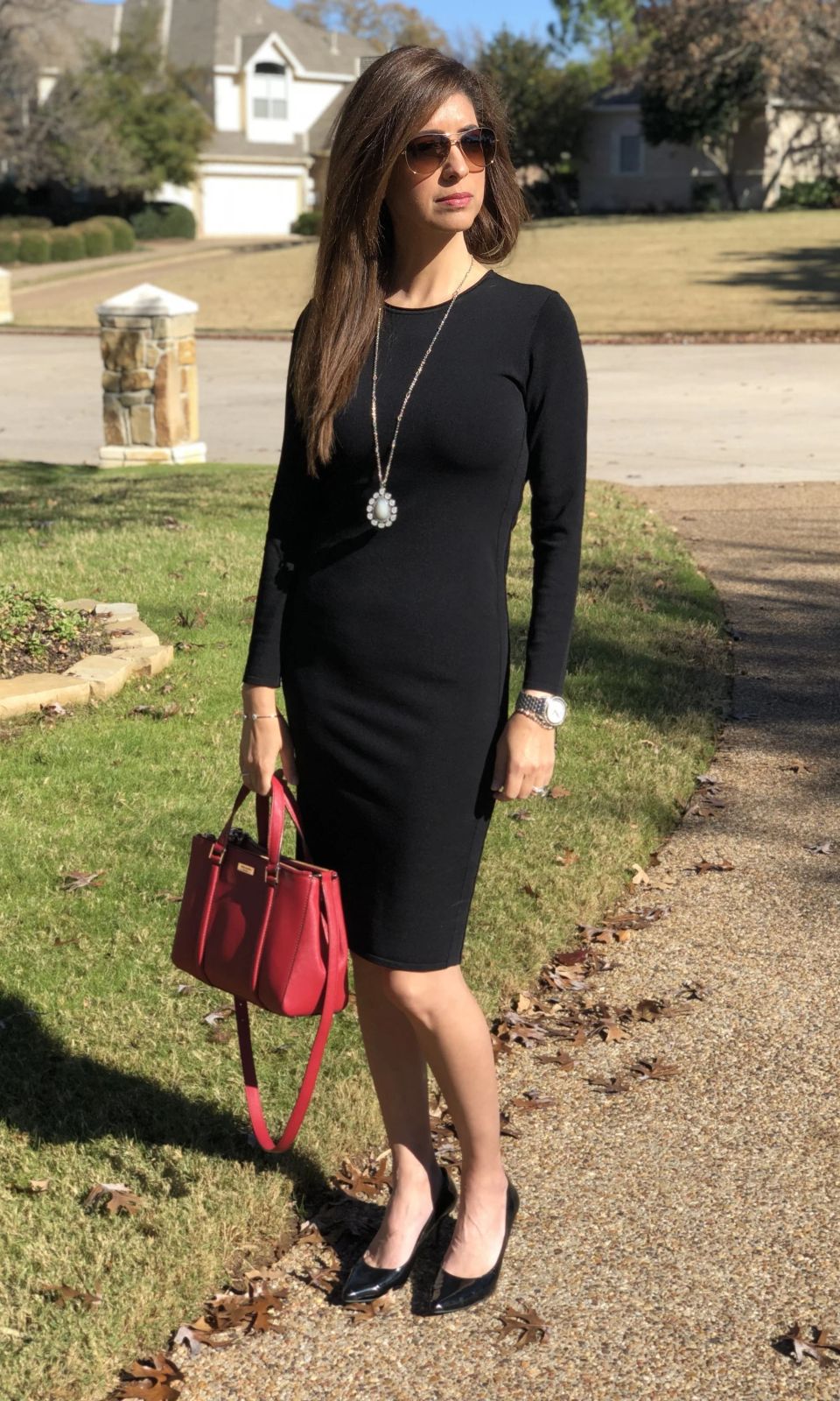 Long-Sleeve Black Knit Midi Dress with Red Handbag Long-Sleeve Black Knit Midi Dress with Red Handbag — Little Black Dress Outfits 2027