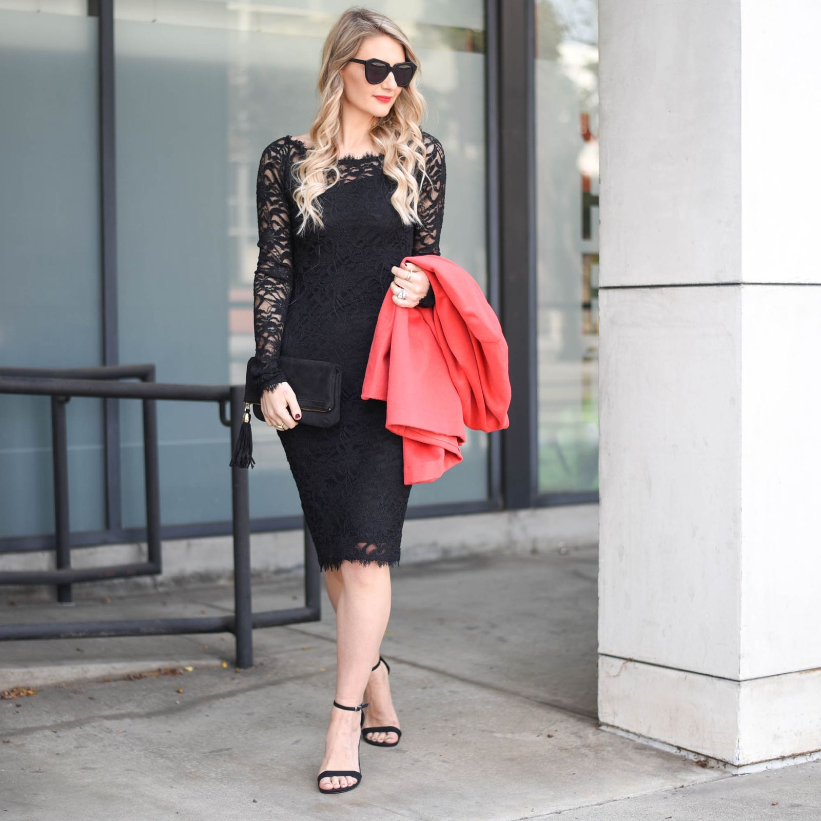 Black Lace Midi Dress with Draped Coral Jacket Black Lace Midi Dress with Draped Coral Jacket — Little Black Dress Outfits 2027
