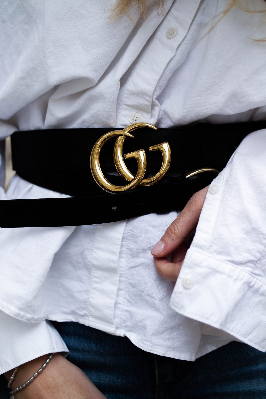Velvet Gucci Logo Belt on a White Shirt and Denim Velvet Gucci Logo Belt on a White Shirt and Denim — Statement Belt Outfits 2027