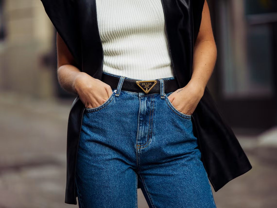 Denim and Vest with a Triangle Logo Buckle Belt Denim and Vest with a Triangle Logo Buckle Belt — Statement Belt Outfits 2027