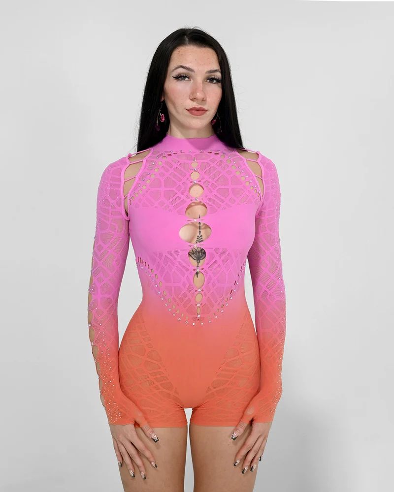 Pink to Orange Ombre Bodysuit with Cut-Outs and Rhinestones Pink to Orange Ombre Bodysuit with Cut-Outs and Rhinestones — Pink Rave Outfits 2027