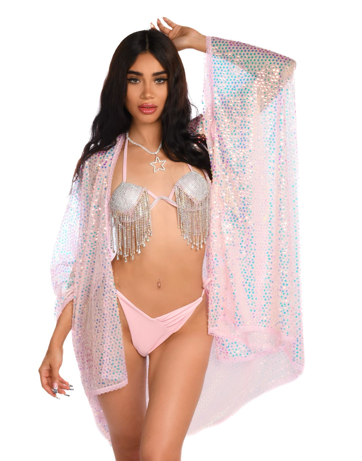 Pink Rhinestone Bikini with Iridescent Fringe Kimono and Star Necklace Pink Rhinestone Bikini with Iridescent Fringe Kimono and Star Necklace — Pink Rave Outfits 2027