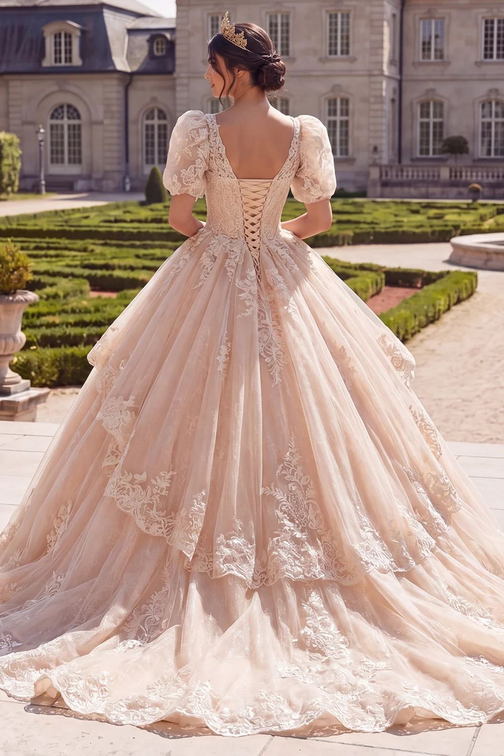 Champagne and Ivory Ball Gown with Tiered Skirt and Lace Trim — Champagne Quinceanera Dress 2027