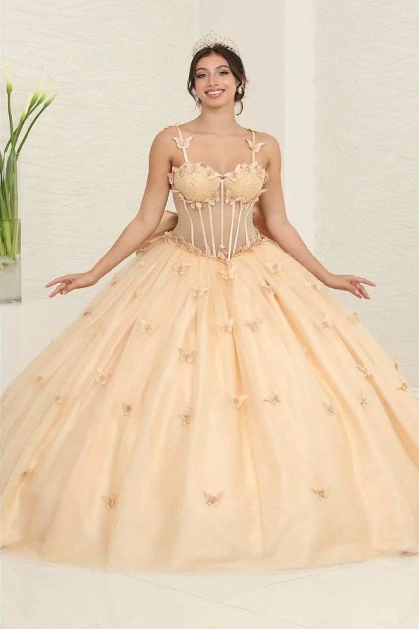 Champagne Ball Gown with Butterfly Appliques and Corset Bodice — Champagne Quinceanera Dress 2027