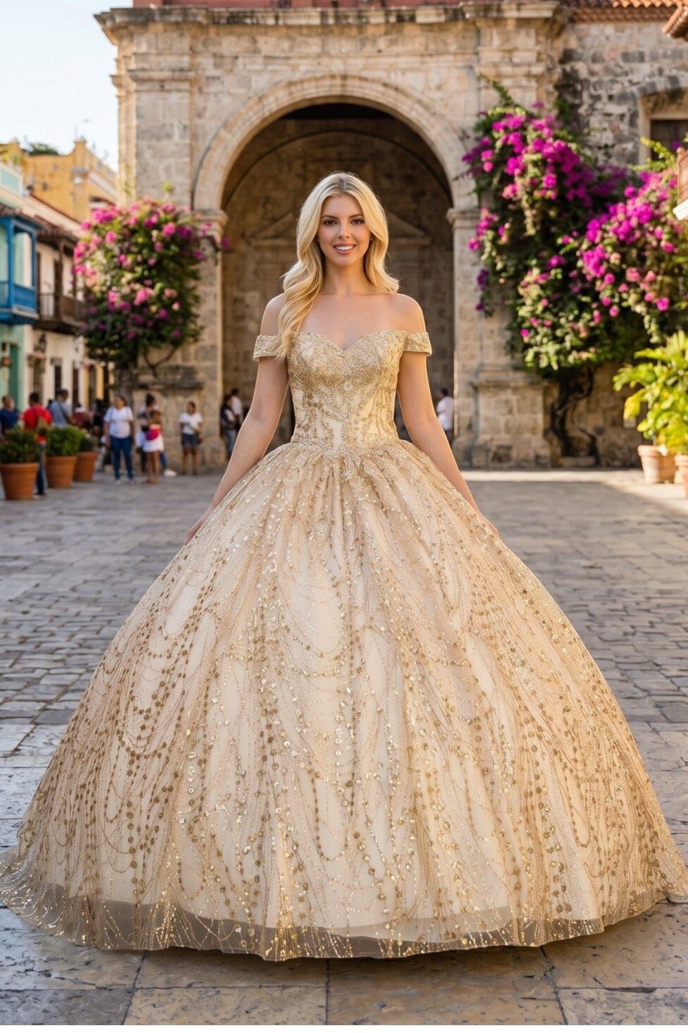 Champagne and Gold Glittered Ball Gown with Off-Shoulder Neckline — Close-Up Take — Champagne Quinceanera Dress 2027