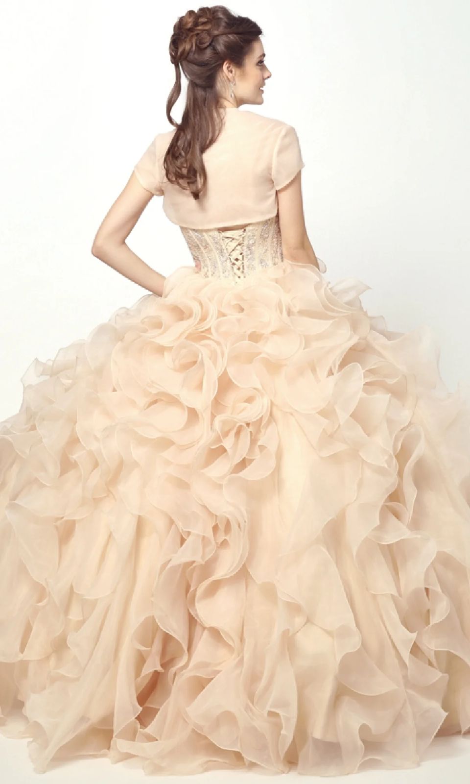 Pale Pink Quinceañera Dress with Ruffled Skirt and Bolero Jacket — Champagne Quinceanera Dress 2027