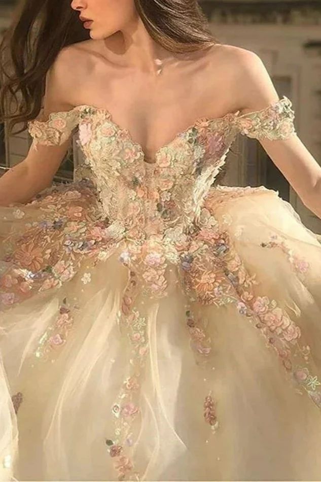 Detailed Champagne Ballgown with Colorful 3D Floral Appliques — Champagne Quinceanera Dress 2027