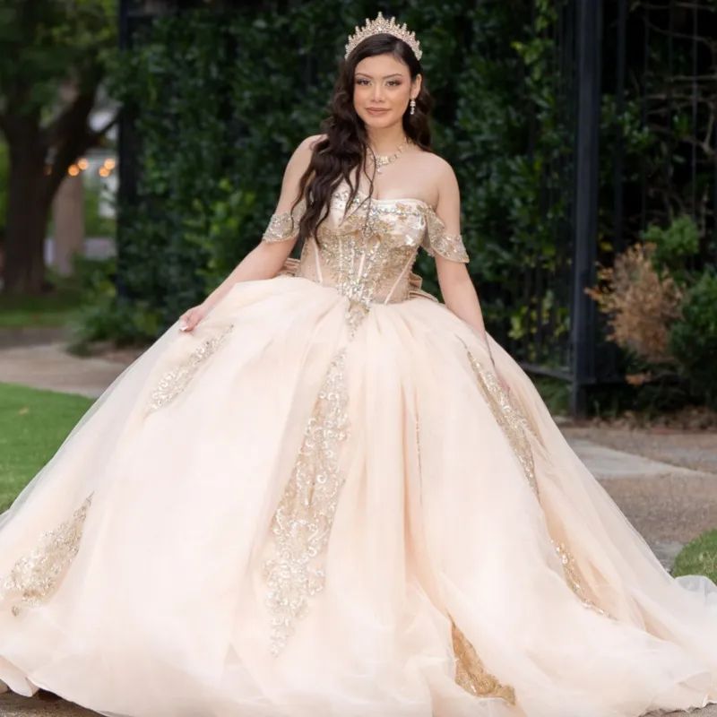 Champagne Ball Gown with Ornate Gold Beading and Voluminous Skirt — Champagne Quinceanera Dress 2027