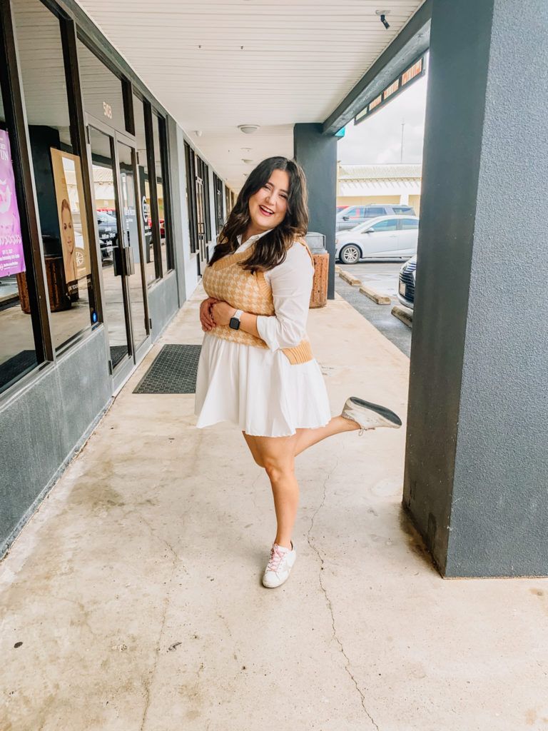 White Mini Dress with Knit Vest and Gold Accents White Mini Dress with Knit Vest and Gold Accents — Golden Goose Outfits 2027