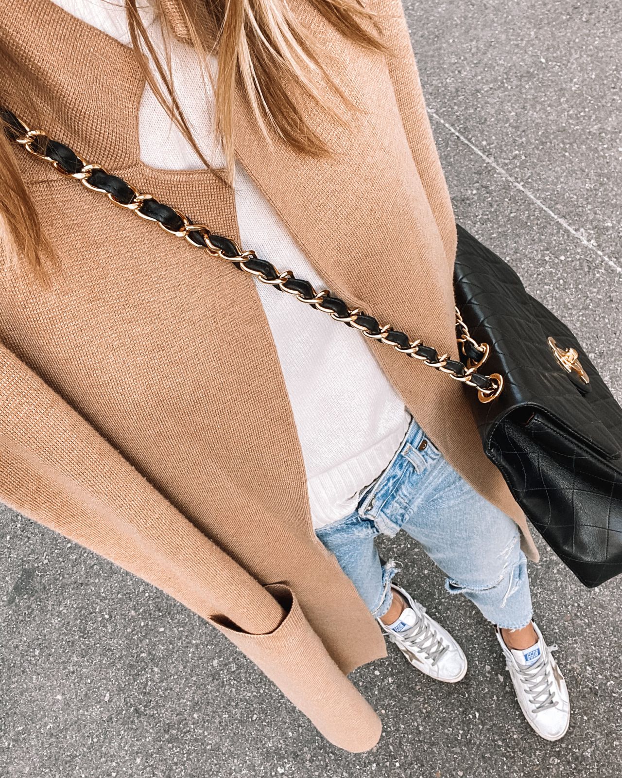 Camel Cardigan and Distressed Jeans with Quilted Bag Camel Cardigan and Distressed Jeans with Quilted Bag — Golden Goose Outfits 2027