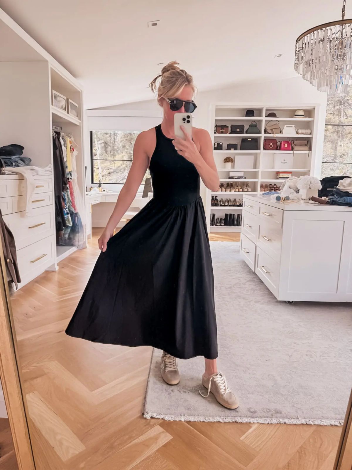 Effortless Chic: Black Midi Dress and Beige Sneakers Effortless Chic: Black Midi Dress and Beige Sneakers — Outfits 2027 for Athletic Build