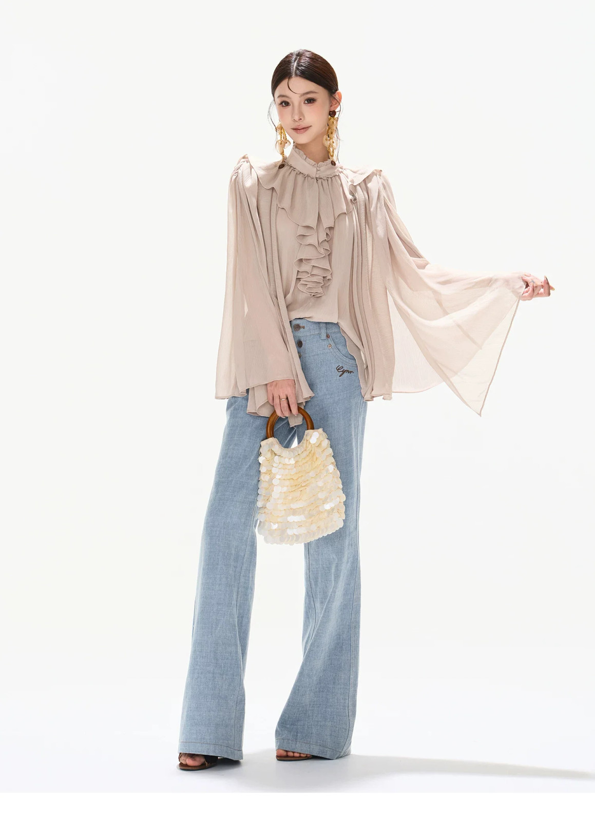 Beige Ruffled Chiffon Blouse with Light Blue Jeans Beige Ruffled Chiffon Blouse with Light Blue Jeans — Chiffon Blouse Outfits 2027