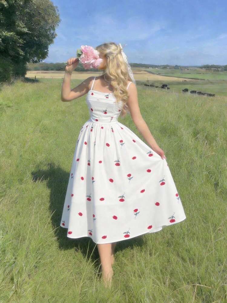 White Cherry Print Midi Dress for a Sweet Summer Picnic — Midi Picnic Dress 2027