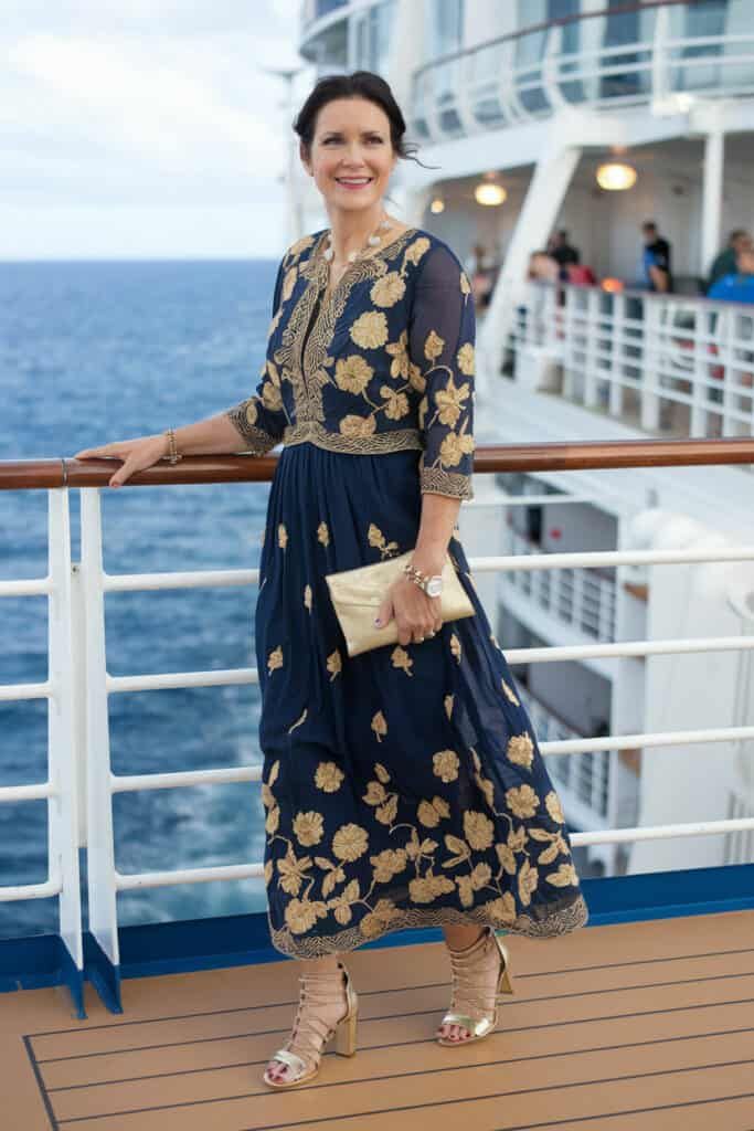 Navy Blue Embroidered Maxi Dress with Gold Details for Evening Sophistication Navy Blue Embroidered Maxi Dress with Gold Details for Evening Sophistication — Cruise Dinner Dress 2027