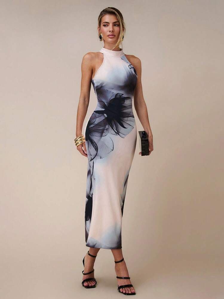 Fitted Halter Neck Maxi with Abstract Floral Print for Evening Flair Fitted Halter Neck Maxi with Abstract Floral Print for Evening Flair — Cruise Dinner Dress 2027