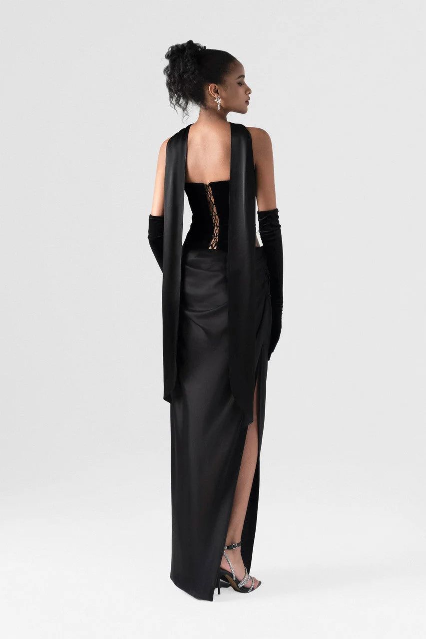 Black Satin and Velvet Maxi Dress with Corset Bodice and Draped Scarf Black Satin and Velvet Maxi Dress with Corset Bodice and Draped Scarf — Prom Dress 2027 with Gloves