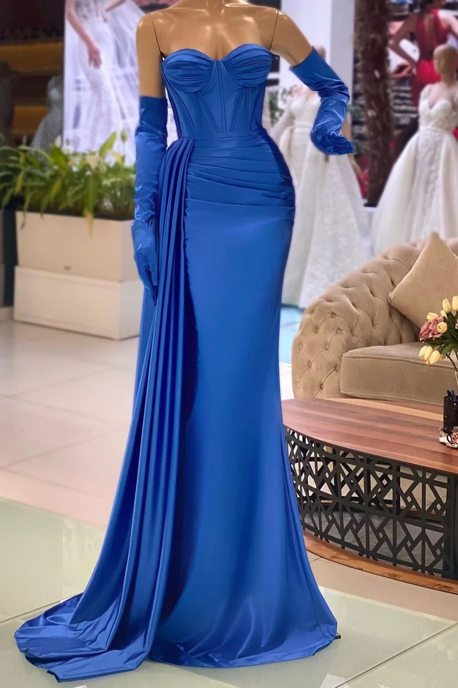 Royal Blue Satin Mermaid Gown with Draped Skirt and Long Gloves Royal Blue Satin Mermaid Gown with Draped Skirt and Long Gloves — Prom Dress 2027 with Gloves