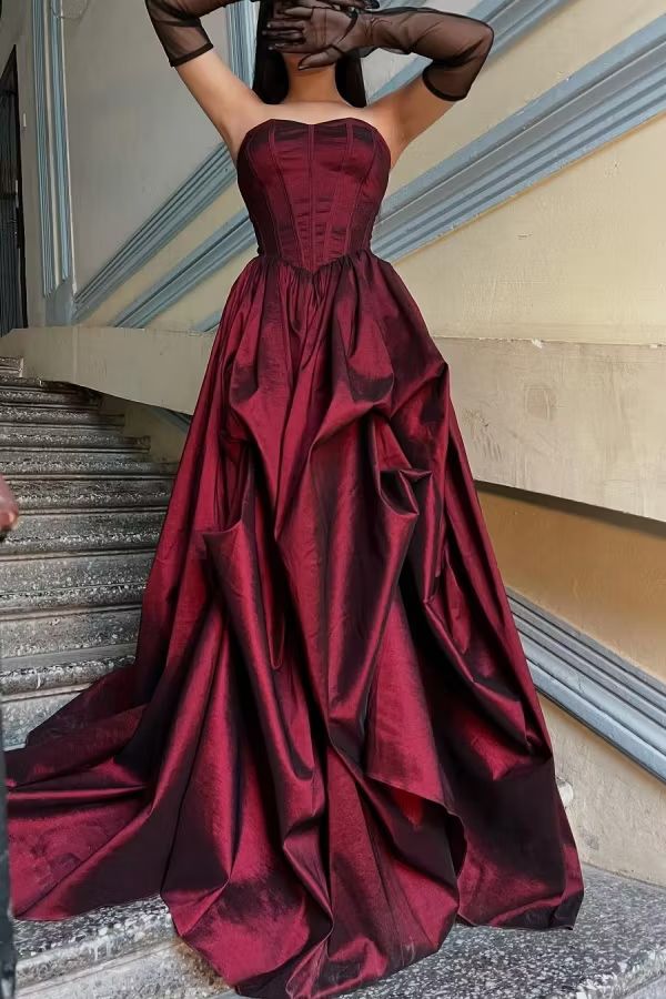 Burgundy Taffeta Ball Gown with Dramatic Skirt and Sheer Tulle Gloves Burgundy Taffeta Ball Gown with Dramatic Skirt and Sheer Tulle Gloves — Prom Dress 2027 with Gloves