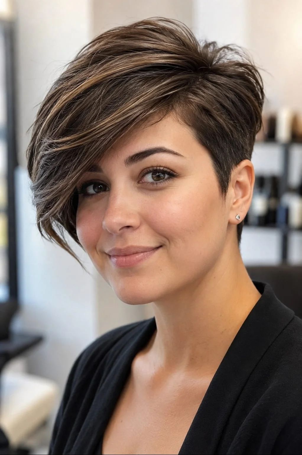 темно-коричневый с мелированием Visual Idea темно-коричневый с мелированием Visual Idea — Pixie Cut 2027 for Round Face