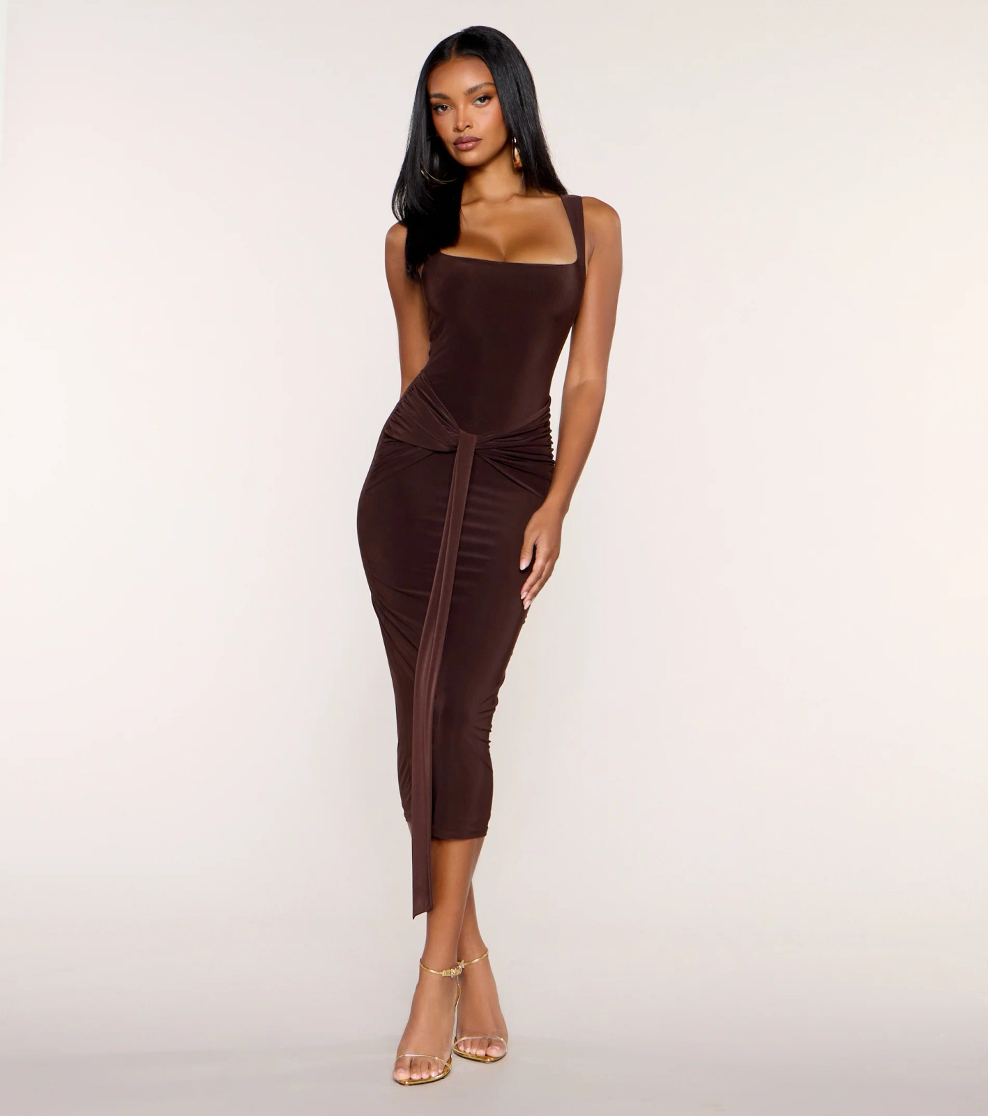 Effortless Fit: Chocolate Brown Tie-Waist Midi Dress — Cocktail Bar Outfits 2027