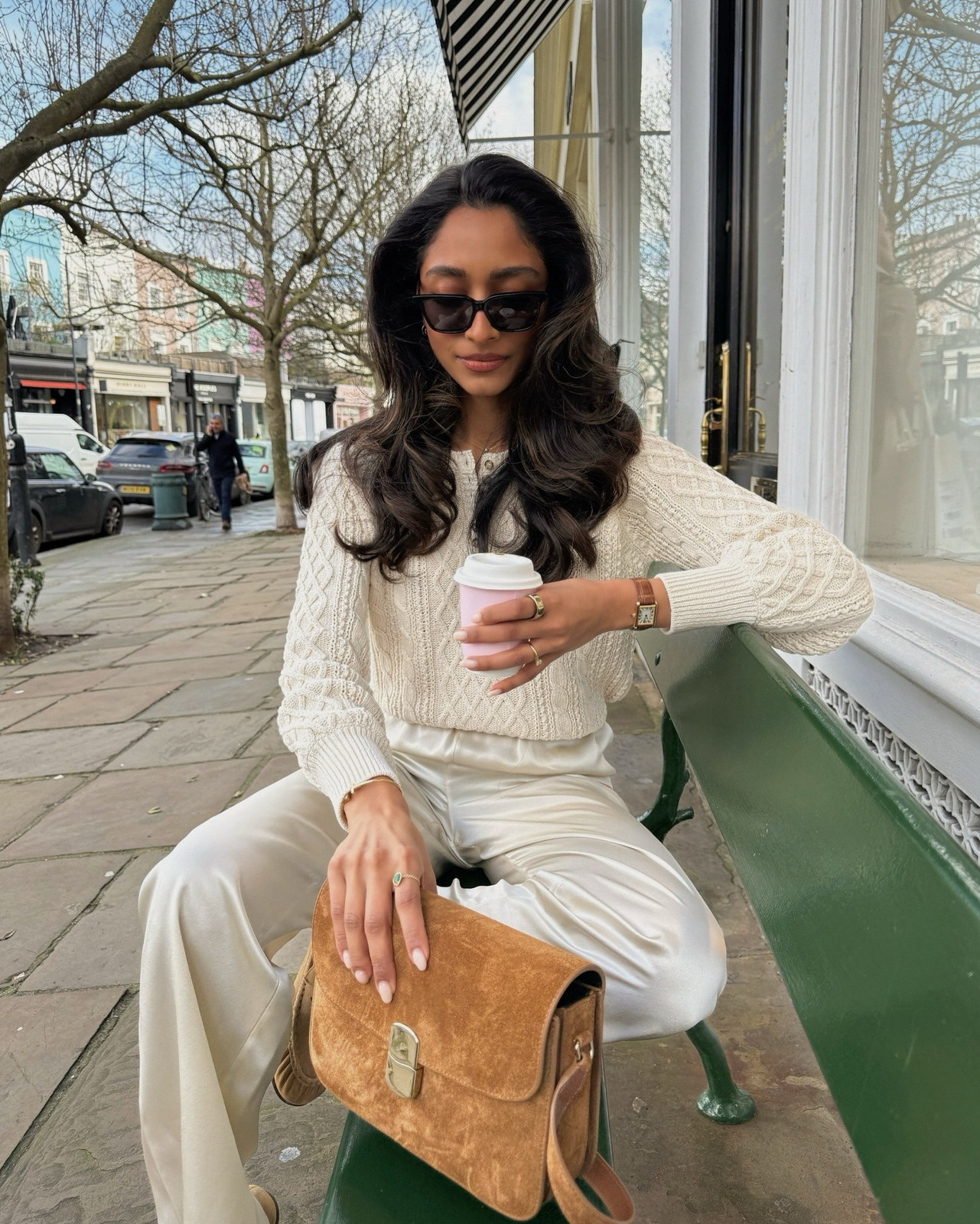 Cable-Knit Sweater with Satin Trousers for Textural Contrast Cable-Knit Sweater with Satin Trousers for Textural Contrast — Chilly Spring Outfits 2027