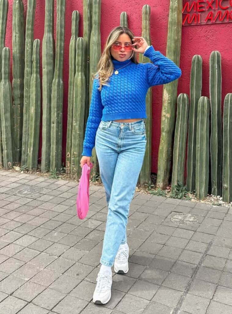 Royal Blue Cable-Knit Turtleneck Sweater with Light Denim Jeans Royal Blue Cable-Knit Turtleneck Sweater with Light Denim Jeans — Mexico City Outfits 2027