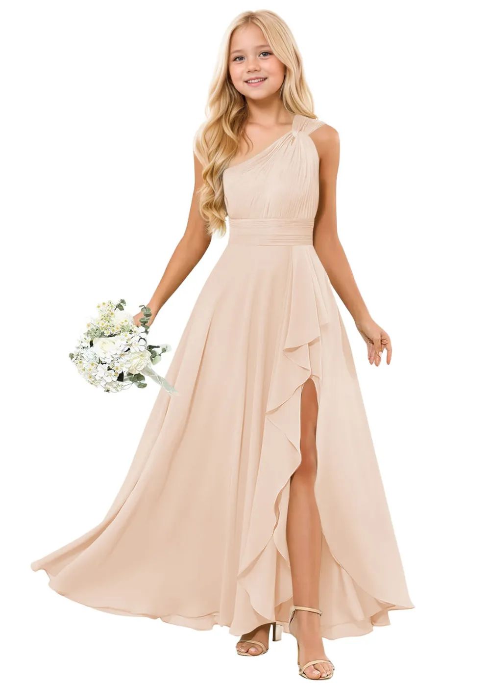 Pale Peach One-Shoulder Chiffon with Ruffles and High Slit Pale Peach One-Shoulder Chiffon with Ruffles and High Slit — Junior Bridesmaid Dress 2027