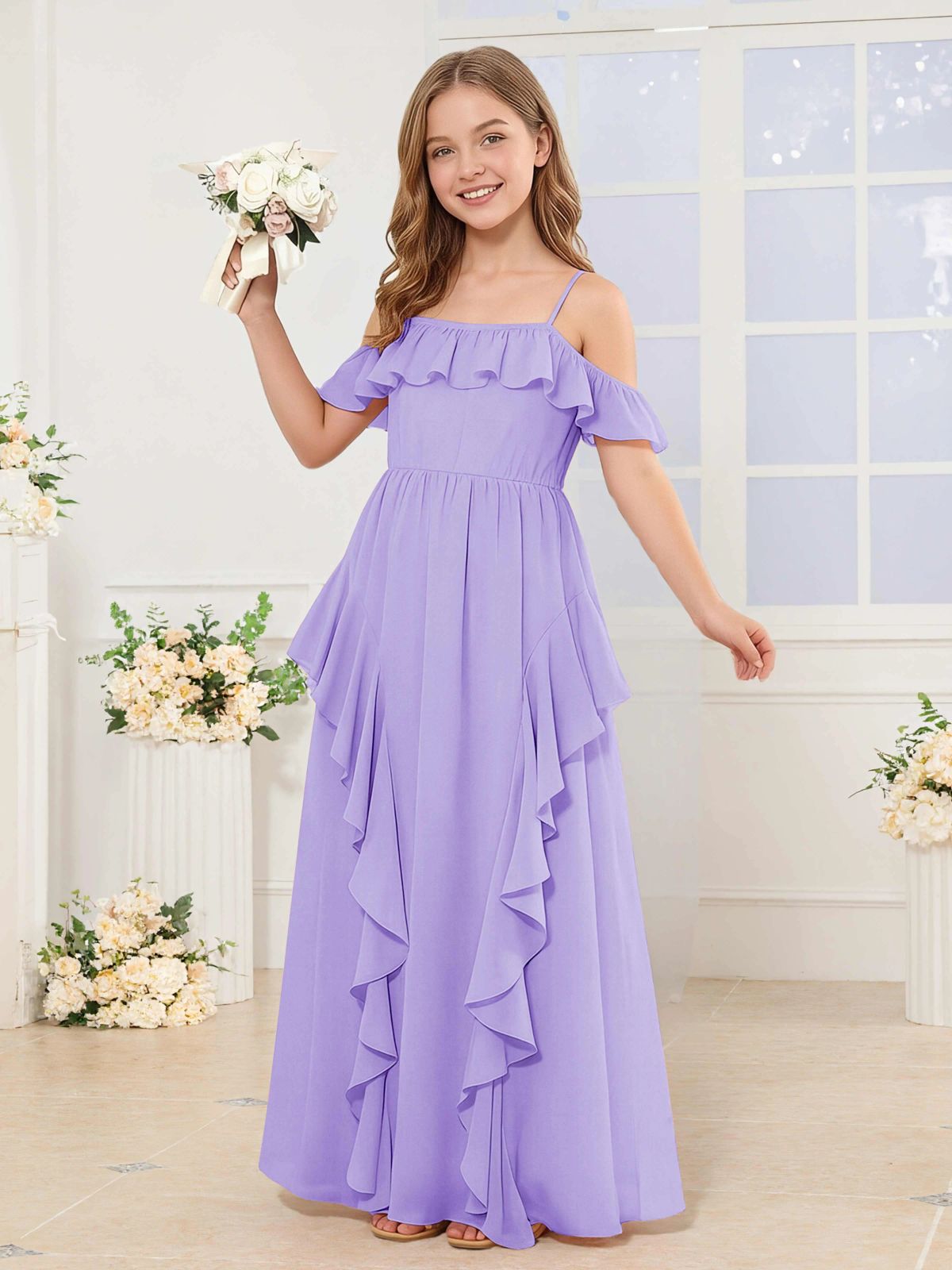 Lavender Chiffon with Cold Shoulder and Tiered Ruffles Lavender Chiffon with Cold Shoulder and Tiered Ruffles — Junior Bridesmaid Dress 2027