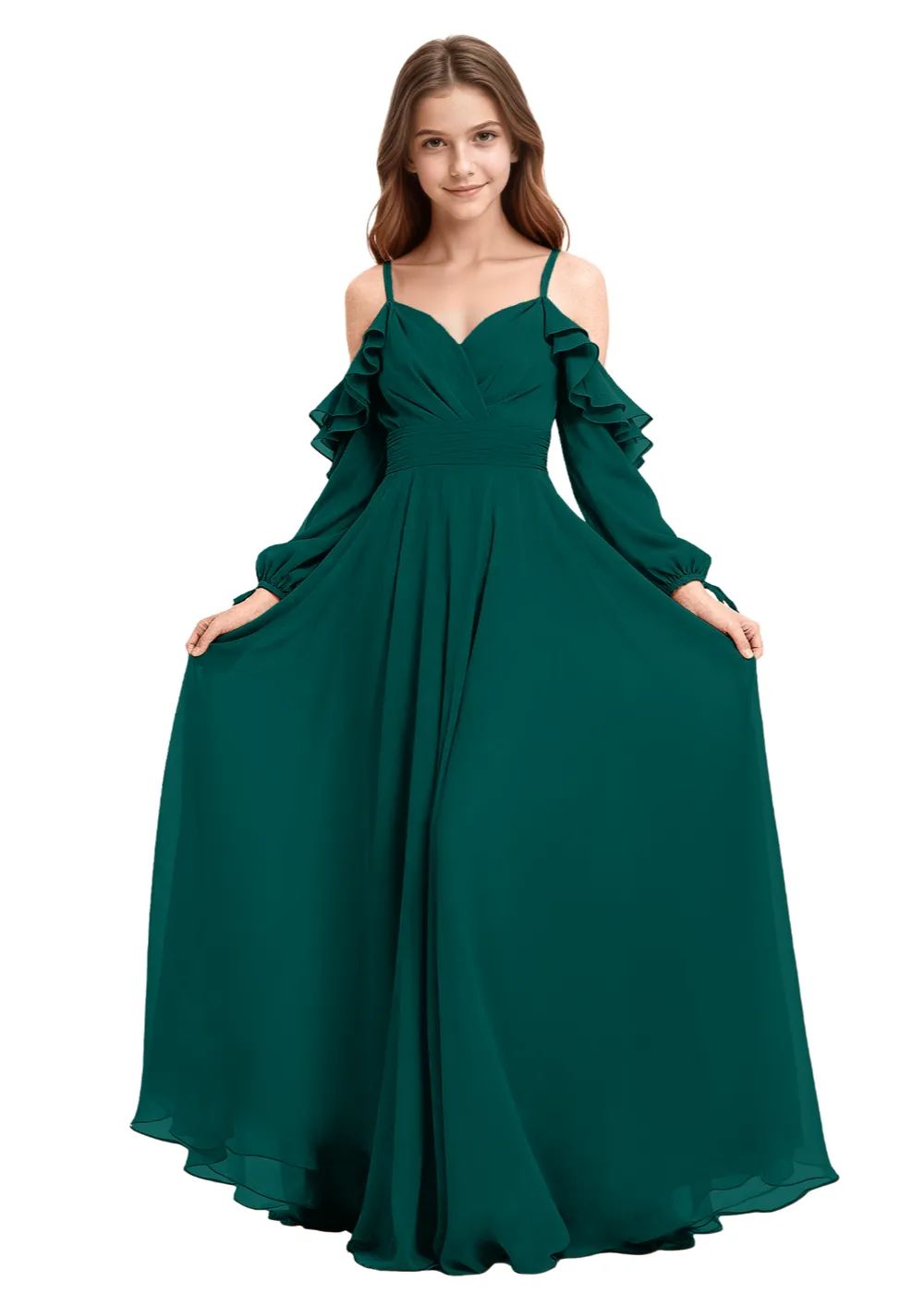 Teal Chiffon with Ruffled Cold Shoulder Sleeves Teal Chiffon with Ruffled Cold Shoulder Sleeves — Junior Bridesmaid Dress 2027