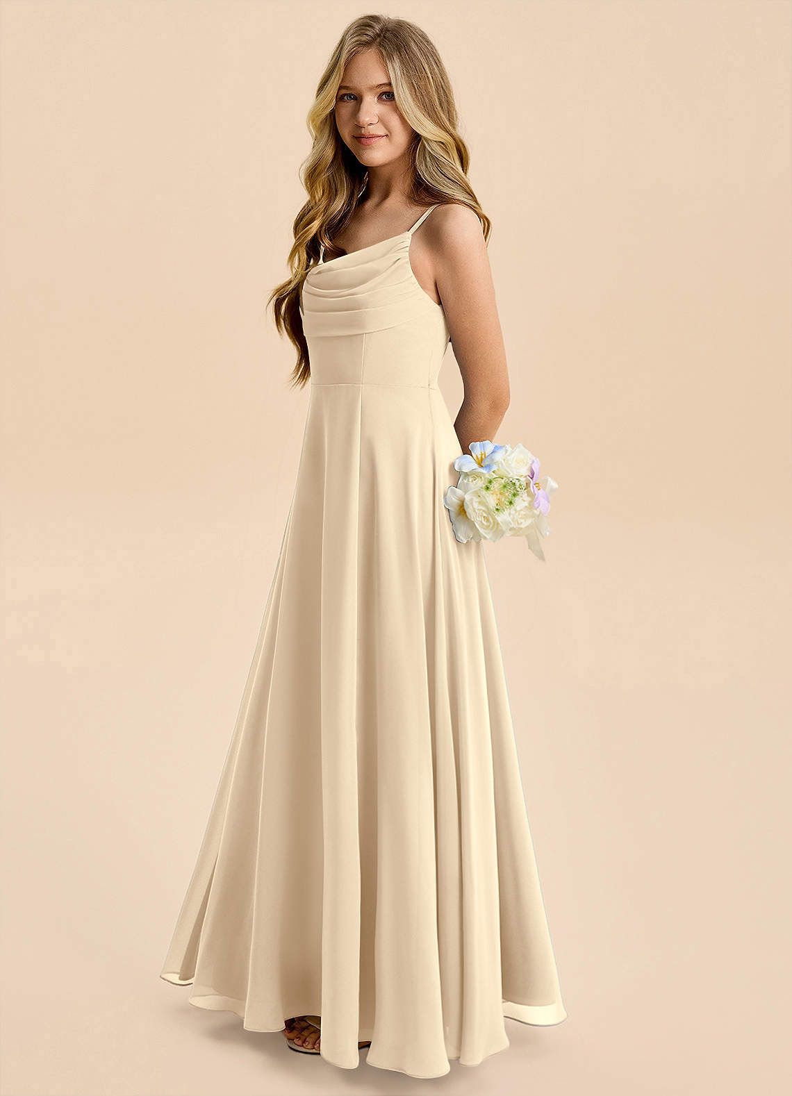 Cream Chiffon Cowl Neck A-line with Flowing Skirt Cream Chiffon Cowl Neck A-line with Flowing Skirt — Junior Bridesmaid Dress 2027