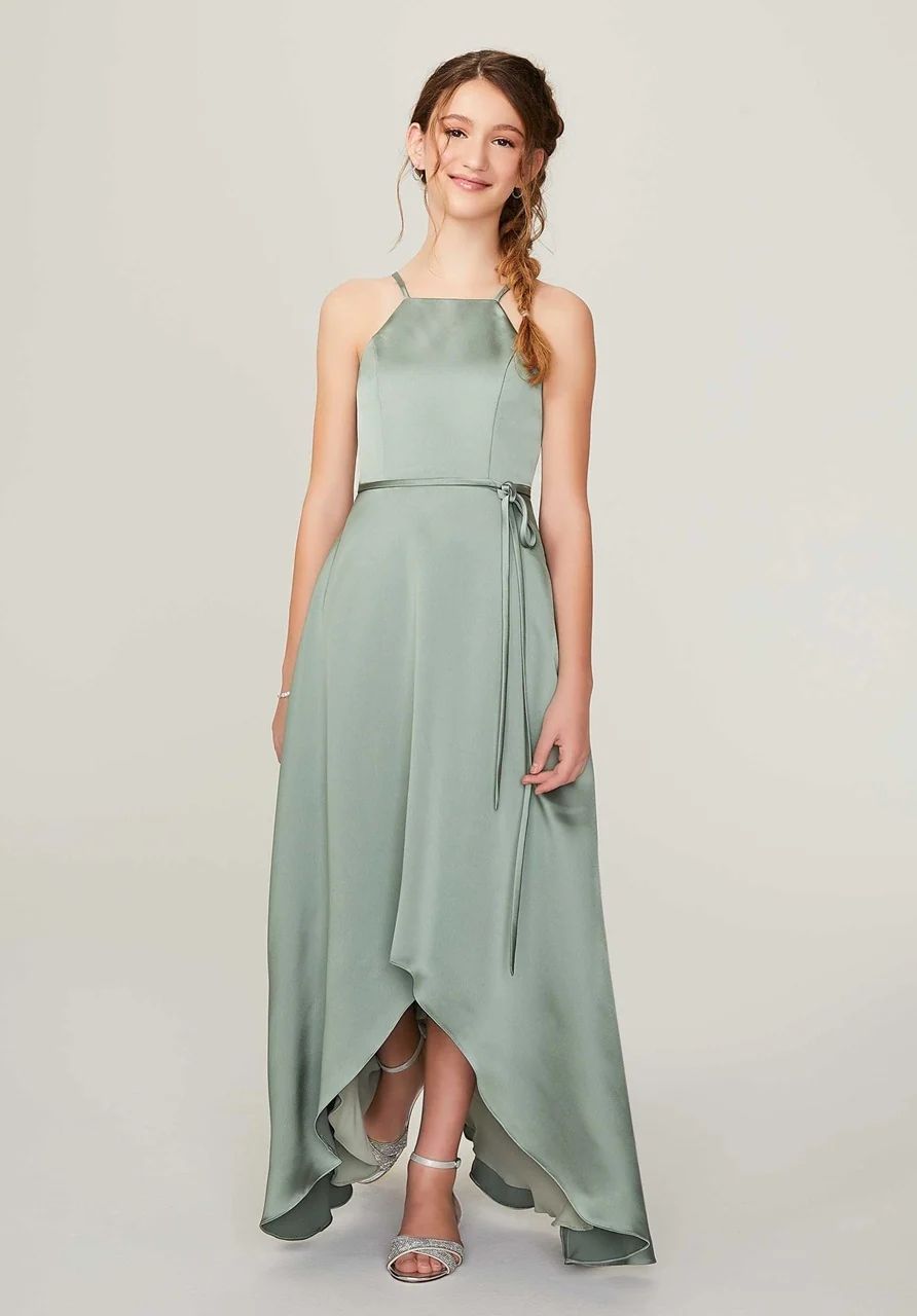 Sage Green Satin Halter with High-Low Hemline Sage Green Satin Halter with High-Low Hemline — Junior Bridesmaid Dress 2027