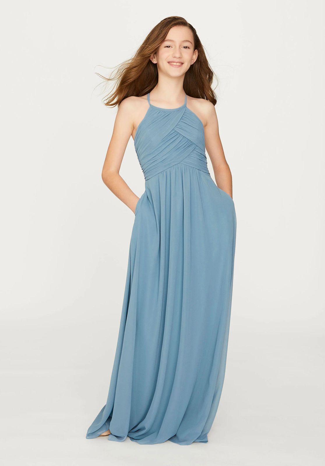 Dusty Blue Chiffon Halter with Ruched Bodice and Pockets Dusty Blue Chiffon Halter with Ruched Bodice and Pockets — Junior Bridesmaid Dress 2027